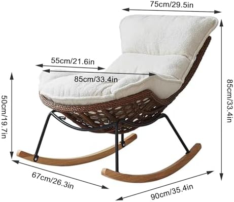 Patio Leisure Rocking Chairs，Patio Rattan Rocker Chair,Teddy Fabric Upholstered Glider Rocker with High Backrest, Modern Rocking Chairs Comfy Side Chair for Nursery, Bedroom, Living Room(WHI