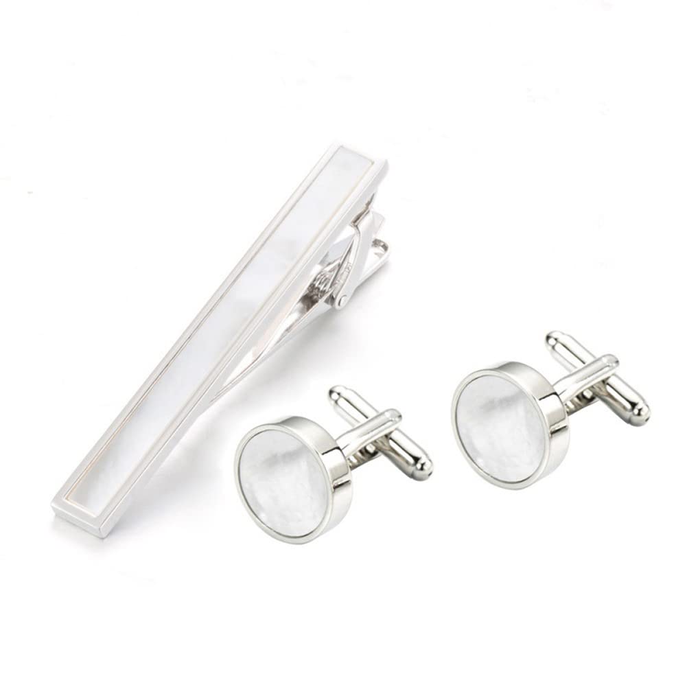 Rockyu Tie Clip and Cufflink Set for Men Stylish White Butterfly Cuffs Round Seashell Tie Pin Business Wedding Father's Day Gift European Style Accessories