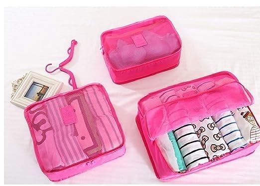 Image of 6 in 1 Polyester Secret Pouch Travel Bag Packing Cubes Laundry Bag with Undergarments & Cloth Storage Organizer Travelling Set /Suitcase Cloth Cube Bag (PINK 6 in 1 Travel Bag)