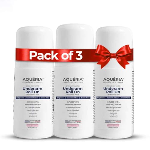Aqueria Pack of 3 5.5% AHA BHA French Underarm Brightening Roll On | 48H Odour Control | Flora Fragrance with 2% Niacinamide | Multi Actives, Glycolic Acid, Lactic Acid | Prevents Odor, Kills Bacteria | Exfoliates, Reduces Pigmentation & Discoloration for Even-Toned Underarms | Brightens Skin & Exfoliates Underarm | Alcohol & Aluminium Free | Deodorant for Men & Women | (50ml x 3)