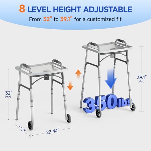 Image of Loyoda Folding Walker with Tray for Seniors, Walker with 5 inch Front Wheels | Lightweight Aluminum 2-Wheel Walker, Height Adjustable Standard Walkers, 350 lbs