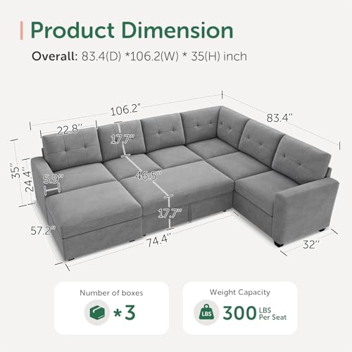 Image of HONBAY 106.2 Inch U-Shaped Sectional Sleeper Sofa with Pull-Out Bed & Storage Ottoman, 7-Seater Sectional Sofa for Living Room, Pet-Resistant Fabric Couch, Grey