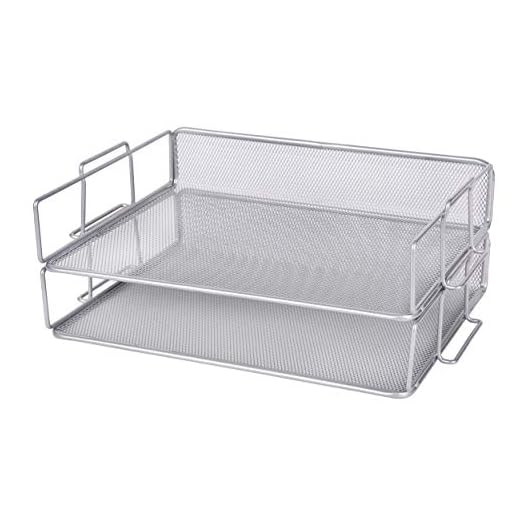 Exerz Bandeja Portadocumentos 2 piezas de malla - Apilable/bandeja oficina/Clasificador de papel/Escritorio Organizador multifuncional/Soporte de archivo Para oficina, escuela (Plata)