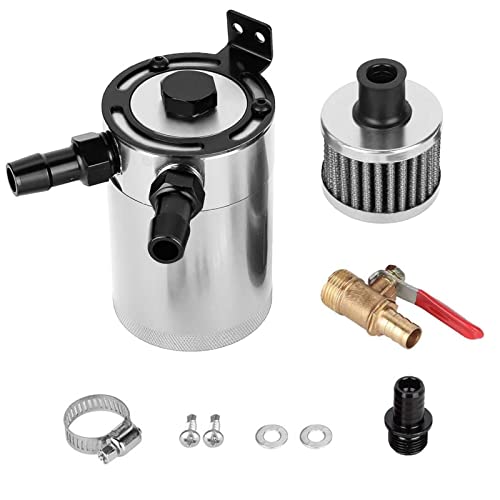 Universal Baffled Oil Catch Can with Breather Filter and Drain Valve 2 Ports (oulet + inlet),150ml Billet Aluminum Oil Separator Catch Can Oil Reservoir Tank,4 Adapters/Screws/Washers Included,Silver - Thumbnail 2