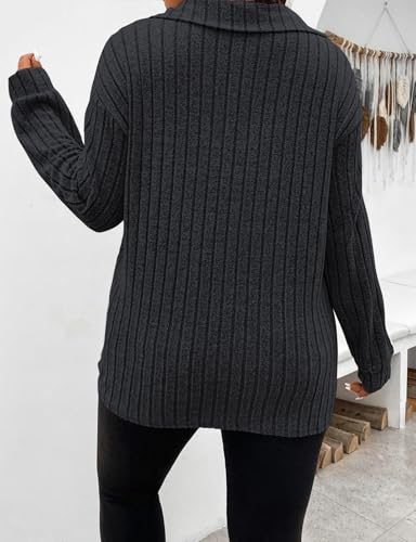 Image of Koscacy Women Plus Size Casual Knit Sweater Lapel V Neck Solid Color Tops Lightweight Long Sleeve Blouses