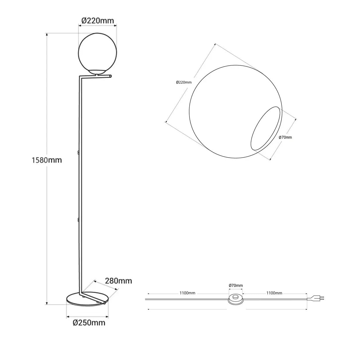 Alpinaluz Lámpara de Pie E27 Acero Dorado Globo Cristal Opal Ø22 cm 158 cm