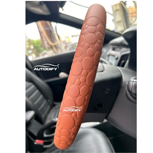 Image of Ten with Orange Stitch Leather Steering Wheel Cover Universal Fit Anti Slip Breathable Comfortable Grip Durable & Stylish for Cars Easy Install Long Lasting ProtectionNon SlipDesign.