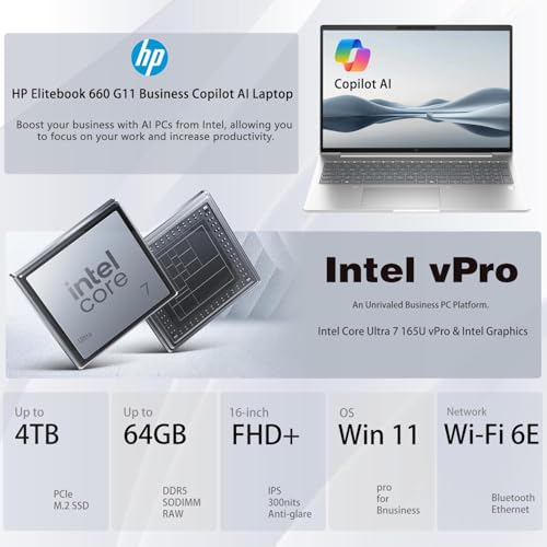 Image of HP Elitebook 660 G11 16 inch FHD+ Business Copilot AI Laptop, Intel 12-Core Ultra 7 165U vPro, 64GB DDR5, 2TB SSD, Wi-Fi 6E, 5MP IR Camera, Fingerprint, Backlit Keyboard, 2X Thunderbolt 4, Windows 11 Pro