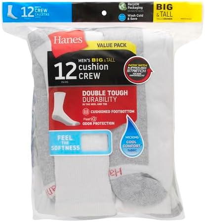 Hanes Mens Double Tough Socks, 12-pair Pack Crew Socks, White/Grey Foot Bottom, 6-12 - 4