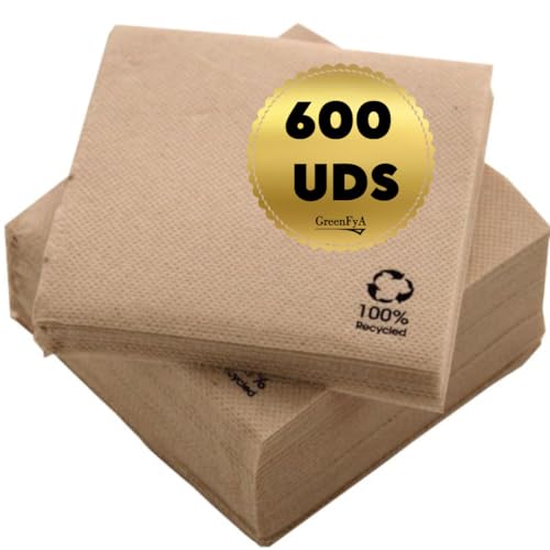 GreenFyA Servilletas de Cocktail Elegantes 10x10cm - Paquete de 600 -Ideal para Eventos y Celebraciones - Absorbentes y Desechables - ¡Imprescindibles para tus Cocteles! (KRAFT)