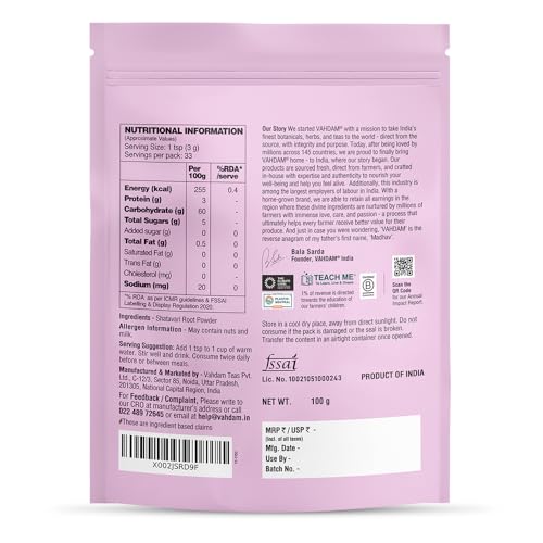 Image of VAHDAM Shatavari Powder 100g | Pure Shatavari Root Powder | Lactation & Hormonal Balance Support | Reproductive Wellness | Vegan | 33 Servings | Herbal Supplement