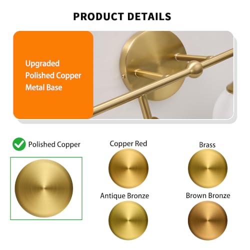 Image of Modern Brushed Brass Bathroom Light Fixtures, Elegant Gold 4-Lights Vanity Light Fixtures, Milky White Globe Glass Shade Vanity Light over Mirror, Wall Sconces for Bathroom Dressing Table Bedroom