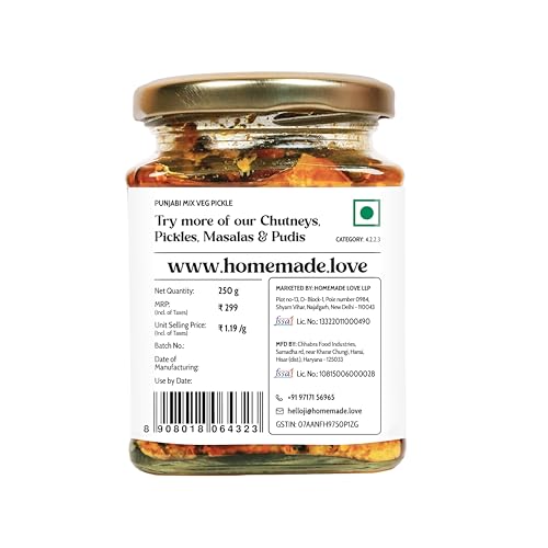 Image of Homemade Love Punjabi Mix Vegetable Pickle in Mustard Oil (250g) | Premium Homemade Pickle crafted with mix of Carrots Raw Mango Green Chilli Lemon and Seasonal Vegetables | No Artificial Preservatives | Tangy & Spicy homemade achar