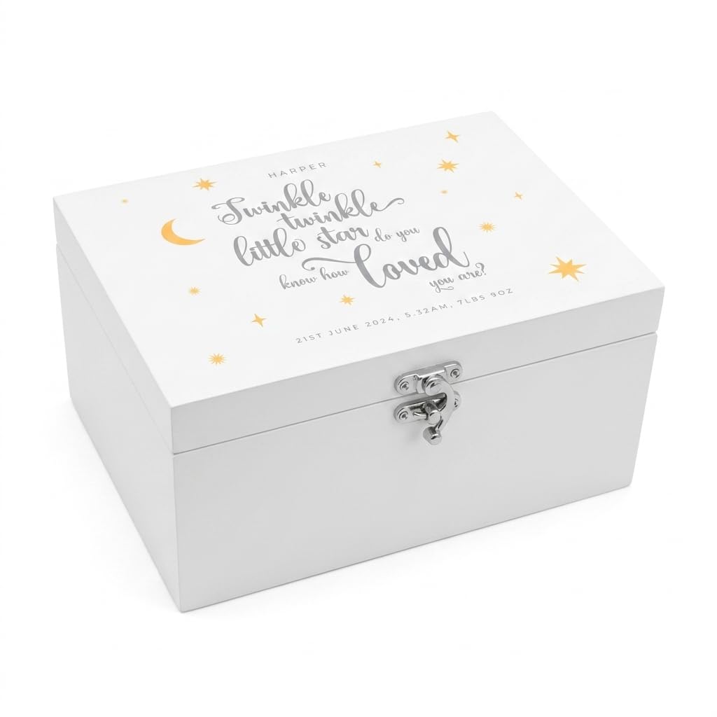 The Lovely Keepsake Company Personalised Twinkle Twinkle New Baby White Wooden Memory Box | Baby Shower, New Baby | 30cm x 23cm x 18cm