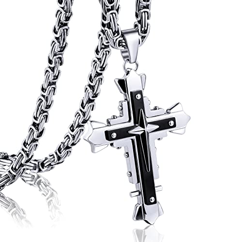 INBLUE Cross Pendant Necklace for Men Boys Women Girls Stainless Steel Cross Faith Necklace Christian Prayer Gifts Friendship Jewelry with 5 Lengths Byzantine Chain (Sliver-Black Color 22 Inches)
