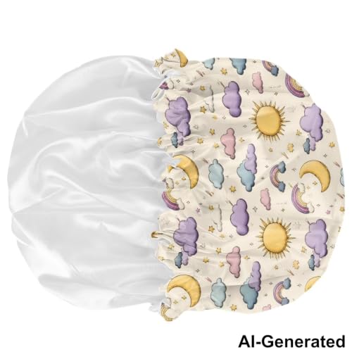 Image of Kids Hair Cover Elastic Satin Bonnet Sleep Cap for Boys Girls Beanie Hat with Adjustable Band for Night Sleeping Headwear for Toddler Children Baby, Rainbow Cloud Sun Printed