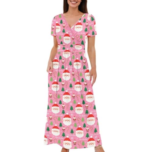 Image of Women's Fall Summer Short Sleeve Ankle Length V-Neck Party Dress with Pockets Size S-3XL
