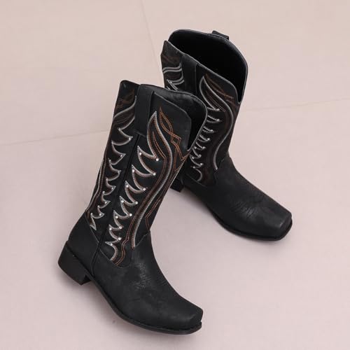 Womens Retro Embroidered Western Cowgirl Cowboy Boots Square Toe Pull On Casual Boots Mid Calf Low Heel Gypsy Boots3