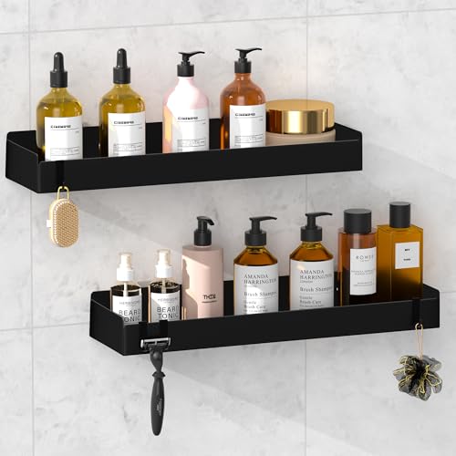 Wisfame Étagère Douche en Métal Lot de 2, 40cm Etagere Salle de Bain Sans Percage, Étagère Rangement Douche Noir, Antirouille Porte Shampoing Douche,...
