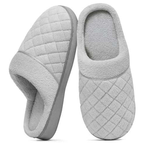 Litfun Unisex Wide House Slippers for Women Men Memory Foam Indoor Bedroom Shoes, Grey 39