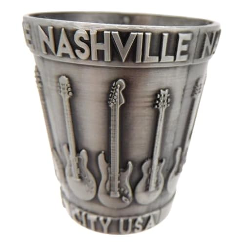 Westmon Works Nashville Tennessee Souvenir Shot Glass Pewter Metal with Engraved Landmarks of Music City