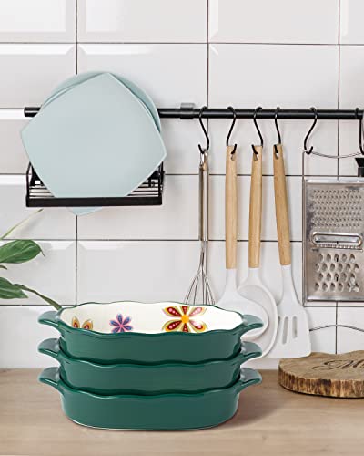 Set Of 3 Oval Au Gratin 10.5" X 6" Baking Dishes, Lasagna Pan, Ceramic Bakeware Ideal For Creme Brulee Easy Carry Handles - Nice Table Serving Dish - Oven To Table - Green #TOP6