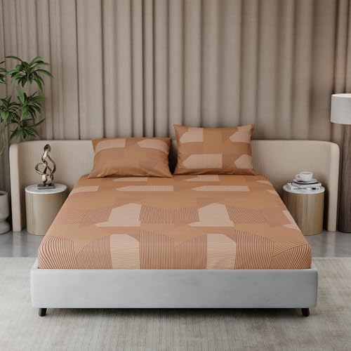 Image of BLISSHOME Everlast 150TC King Size Fitted Bedsheet with 2 Pillow Covers, Aesthetic Bedding, Wrinkle Resistant, 100+ Wash Durable, Quick Dry, Geometric Pattern - Gold (183cm x 198cm + 25cm Drop)