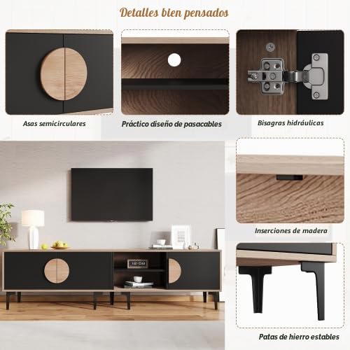 Merax Mueble para TV de 180 x 35 x 49 cm, armario bajo para televisor de 80 pulgadas, armario para televisión con 2 armarios y estantes abiertos, color madera natural y negro, soporte de TV para salón