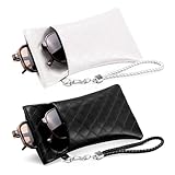FEISEDY 2Pack Double Glasses Case Soft Eyeglass Pouch Squeeze Top Sunglasses Bag with Wrist Strap B0363 Pu Black+White