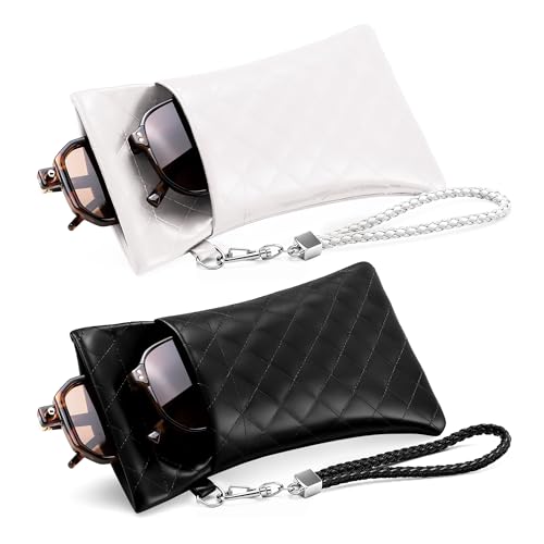 FEISEDY 2Pack Double Glasses Case Soft Eyeglass Pouch Squeeze Top Sunglasses Bag with Wrist Strap B0363 Pu Black+White