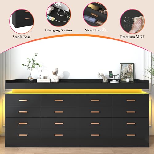 Image of jiteentarou 16 Drawer Dresser with Charging Station and LED Lights, Modern Chest of Drawers with Power Outlet, Organizer Cabinet for Bedroom, Living Room, Entryway, Black