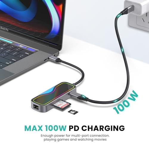 HRSDEIE USB C Hub Multiport Adapter with 100W PD Charging, 7-in-1 USB C Dock, 3 USB 3.0 Ports, 1Gbps Ethernet, SD/TF - Image 4