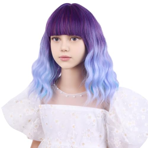 Image of Colorful Wig for Kids Girls Short Rainbow Wavy Curly Wig Child Multi-color Wig with Air Bangs Heat Resistant Synthetic Wig with Wig Cap