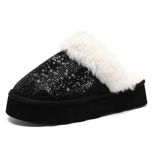 Waysoland Zapatillas de casa Mujer,Las Plataforma Pantuflas a Cuadros de memoria difusa de las Damas se Deslizan en el Dormitorio Suela Antideslizante Zapatillas(Strass Negro,36/37 EU)