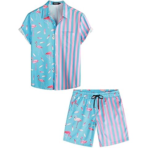 VATPAVE Mens Flamingo Hawaiian Sets Casual Short Sleeve Button Down Shirts Summer Outfits Medium Blue Flamingo Suit Cover
