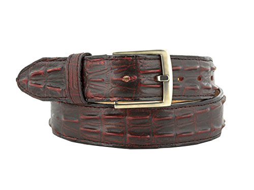 El Presidente Mens Black Cherry Cowboy Belt Crocodile Tail Print Leather Belt Silver Buckle