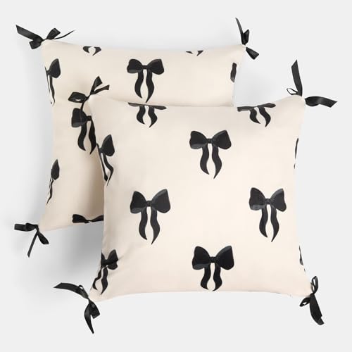 Image of OHS 2 Pack Bow Print Cushion Covers 45 x 45, Matte Velvet Decorative Cute Bow Cushion Square Throw Pillow Cover with Invisible Home Decor Living Room Bedroom, Monochrome