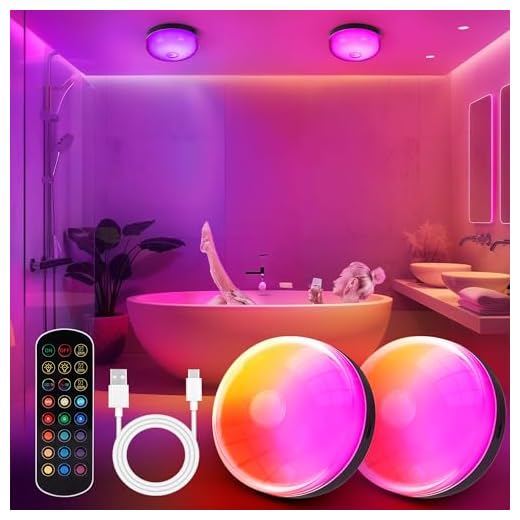 2-Pack Waterproof Shower Lights for Inside Shower, 15 RGBW Color Rechargeable Mood Lighting with Remote(Dimmable＆Timer), LED Wireless Ceiling Light for Bathroom, Closet, Hallway, Stairs, Party Decor