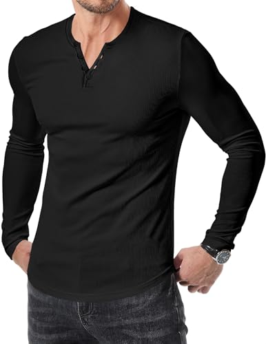 JMIERR Mens 2025 Fall Fashion Casual Henley Shirt Long Sleeve Slim Fitted Shirts Curved Hem for Athletic Gym Workout - Main Image
