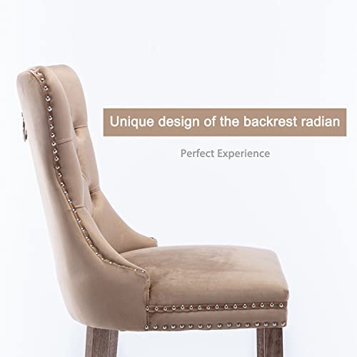 Image of Virabit Velvet Dining Chairs Set of 4, Tufted Upholstered Dining Chairs with Nailhead Back and Ring Pull Trim, Solid Wood Dining Chairs for Kitchen /Bedroom /Dining Room (Khaki)