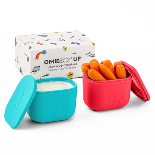 OmieBox UP (2 pack) Leakproof Dips Containers To Go, Salad Dressing Container, Condiment Container with Lids - Food Safe Silicone - 4.5 ounces (Pink/Teal)