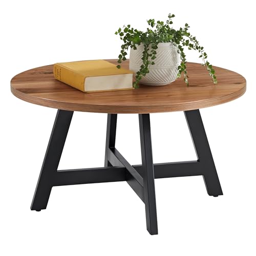 Lavish Home Coffee Table - Industrial Modern Round Table with Wood Top and Metal Base - Furniture for Living Room, Apartment, or Dorm Room (Walnut)