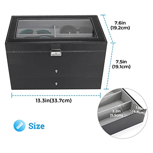 3 Layer/18 Slot Sunglass Organizer Box For Multiple Pairs Sunglasses Storage And Display Glasses Case Eyeglass Holder Jewelry Boxes With 2 Removable Drawer For Women Men Pu Leather Clear Top (3-Layer Sunglasses Organizer) #TOP4