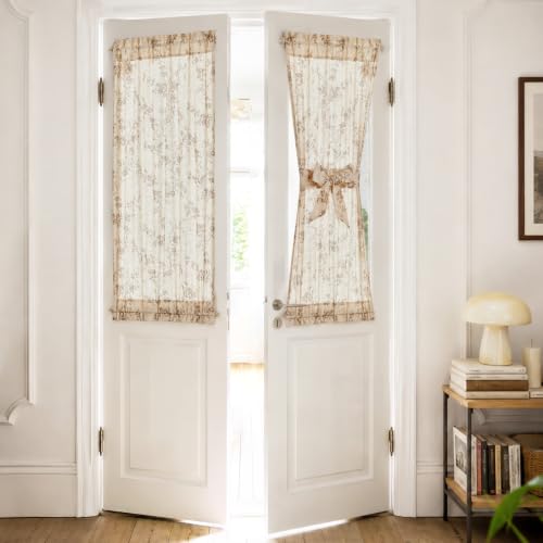 Image of jinchan Taupe Linen Floral French Door Curtains 40 Inch Rod Pocket 2 Panels