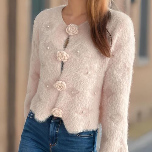 Women's Mohair Sweaters Fuzzy Mohair Cardigan Pearl Soft Chunky Button Down Fuzzy Sweater Trendy Casual Clothes3