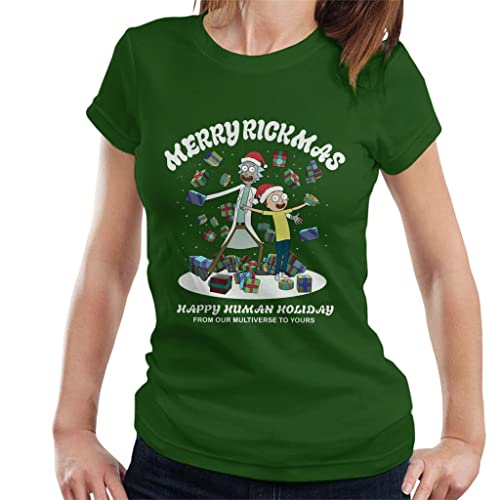 Image of All+Every Rick and Morty Merry Rickmas Christmas Women's T-Shirt Bottle Green