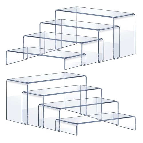 OVNTHYK Acrylic Risers 8 Pcs – Clear Rectangular Display for Perfume Organizer, Figures, Jewelry, Dessert Table & Cupcake, 4 Sizes (7", 8", 9")
