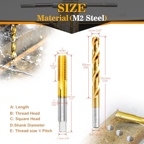 Image of M14x2.0 Tap and 12.0mm Drill Bit Kit, M2 HSS Metric Drill and Tap Set, Combination of Drill and Tap Kit for Metal
