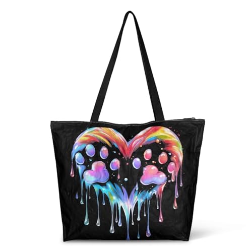 Jolamirel Color Hearts Reusable Teacher Bags Totes for Women, Colorful Oil Painting Paws Zipper Strong Natural Bag for Groceries, Gym, Office, Collage