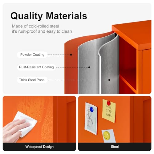 Image of Bevivog Orange Metal Locker Cabinet with 2 Doors and 2 Adjustable Shelves, Small Accent Cabinet Bathroom Floor Storage Cabinets Short Sideboard for Entryway, Living Room, Hallway